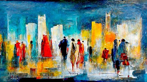 abstract aquarel schilderij mensen in de stad 01