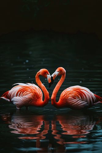 Twee felgekleurde flamingo’s in donkere water