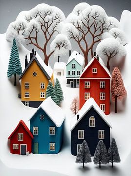 Miniatuur landschap gestileerd wit zwart grijs geel huizen bomen van gm_designs