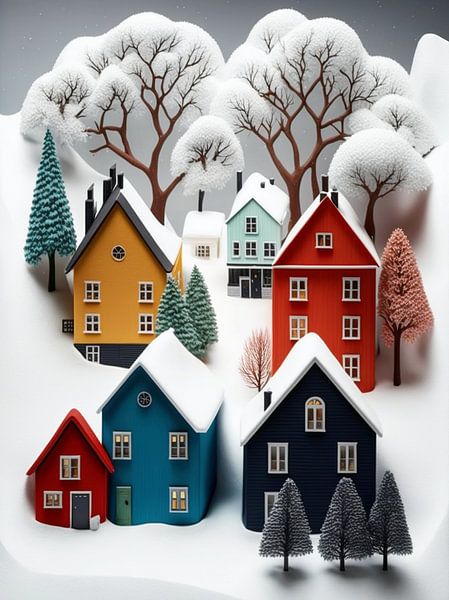 Paysage miniature stylisé blanc noir gris jaune maisons arbres par gm_designs