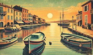 Weinlese-Hafen-Sonnenuntergang-Poster