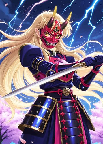 Vrouwelijke Anime Samurai die Oni-masker draagt dat Katana houdt