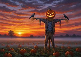 Vogelverschrikker met pompoenhoofd in pompoenveld bij zonsondergang van Markus Gann