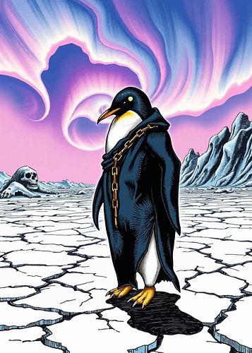 Pinguïn op gebarsten ijs - Roze & Blauwe Aurora Borealis