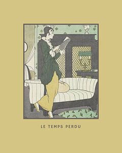 Le temps perdu jaune moutarde | Femme lisant un livre | Impression de mode Art déco historique sur NOONY