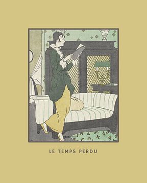 Le temps perdu mosterd geel | Vrouw die boek leest | Historische Art Deco Mode Prent van NOONY