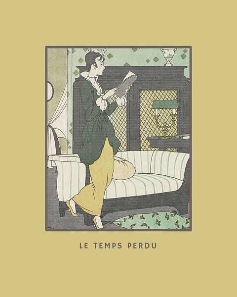 Le temps perdu senfgelb | Frau liest Buch | Historischer Art Deco Mode Druck von NOONY
