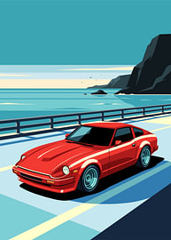 Rode vintage sportwagen geparkeerd langs de kustweg, platte vectorillustratie van Adam Khabibi