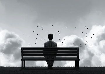 Einsamer Mann auf Bank, der Vögel beobachtet Illustration von BINEDITS