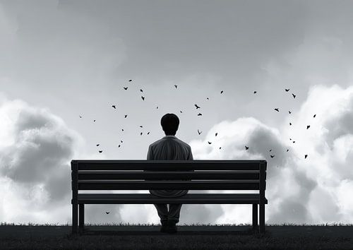 Solitary Man on Bench Watching Birds Illustration