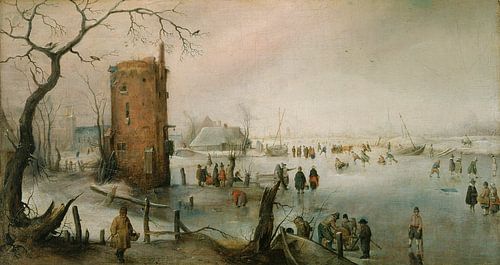 Schaatsen bij een stad, Hendrick Avercamp