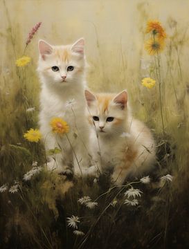 Two Young Kittens in Flower Meadow by Emil Husstege