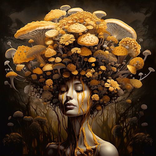 Een vrouw verweven met de natuur, met op haar hoofd paddestoelen en bloemen