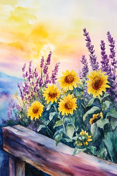 Zonnebloemen in de zonsondergang van Poster Art Shop