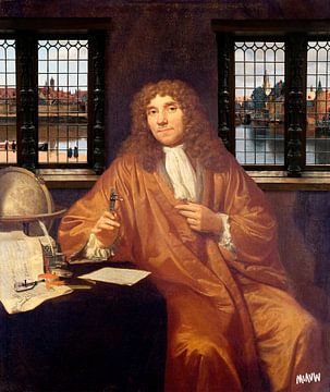 Anthonie van Leeuwenhoek met Vermeer Gezicht op Delft van Miauw webshop