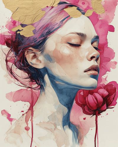 Modern portret in roze en goud, aquarel