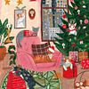 Retro-Weihnachtskatzen unter dem Weihnachtsbaum von Caroline Bonne Müller