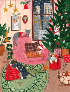 Des chats de Noël rétro sous le sapin de Noël