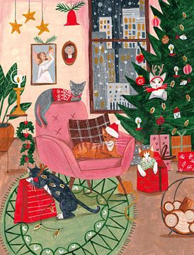 Retro-Weihnachtskatzen unter dem Weihnachtsbaum von Caroline Bonne Müller