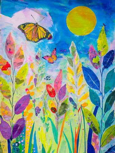 Moderner, farbenfroher Traumgarten mit Schmetterlingen und Vollmond