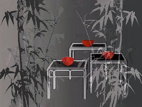 Nature morte : Bambous et bols rouges