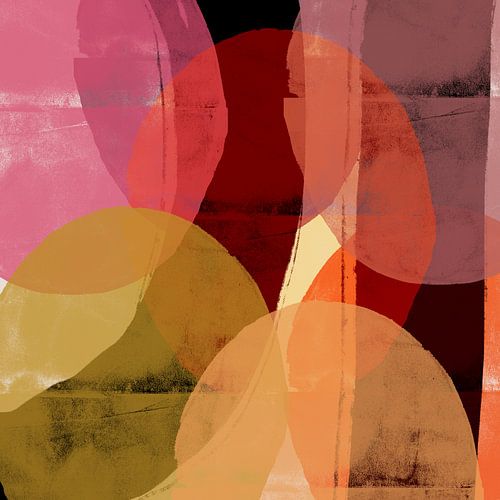 Kleurrijke abstracte kunst. Vormen in warm rood, roze, terra, oker, paars, oranje.