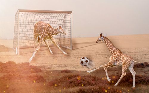 Die Fantasie einer fußballspielenden Giraffe erwacht zum Leben