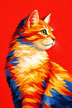Lebhaftes Low-Poly-Katzenporträt – Moderne Wanddekoration mit rotem Hintergrund von Dodik Hariyono