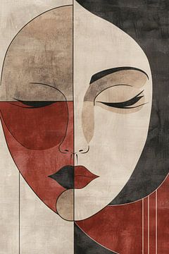 Abstract Vrouwengezicht in Sepia en Rood van De Muurdecoratie