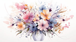 Vase mit Blumen in Aquarell Farben Stillleben Kund Design