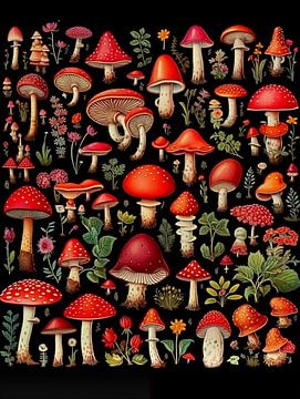 Collage van rode paddenstoelen van Luc de Zeeuw