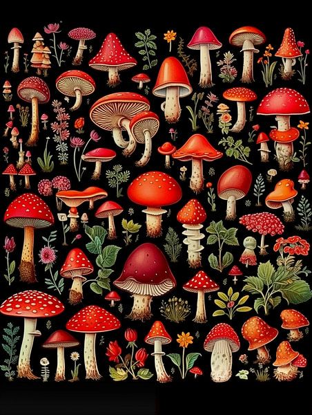 Collage of red mushrooms by Luc V. de Zeeuw