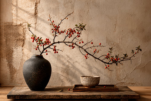 Wabi-Sabi: Rustiek Botanisch Stilleven met Bessentak