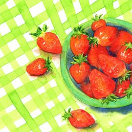 Bowl with Fresh Red Strawberries Watercolour Painting by Karen Kaspar