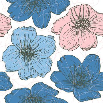 Bloemen in retro stijl. Moderne abstracte botanische kunst. Pastelkleuren roze, blauw, wit van Dina Dankers