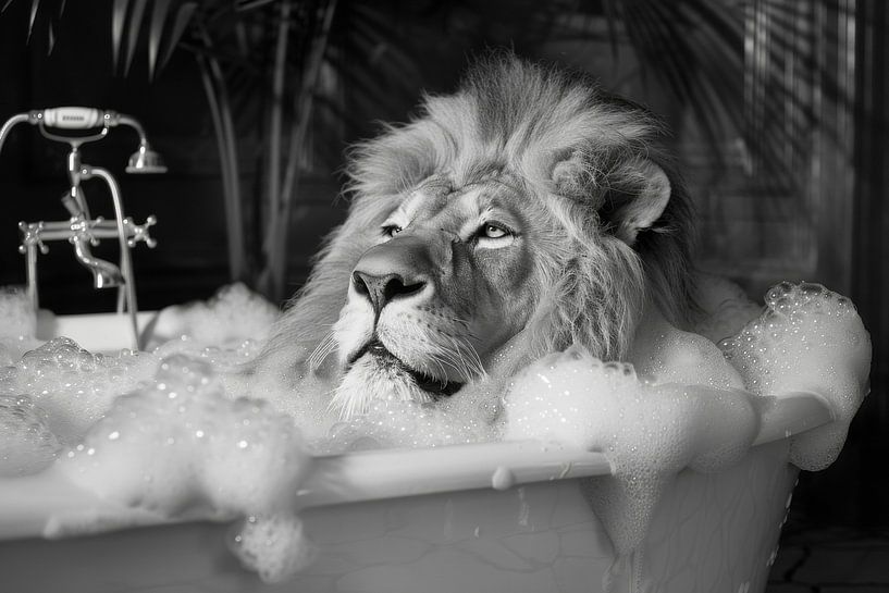Majestic lion in the bathtub - an impressive work of bathroom art for your WC by Poster Art Shop