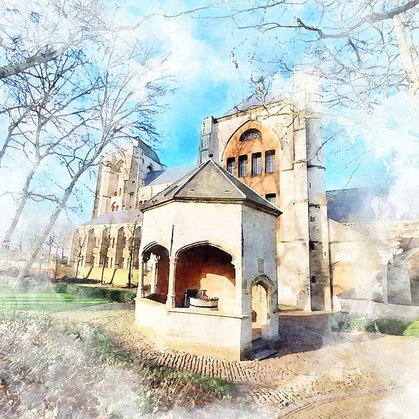 Watercolour image of the Great Church of Veere with the chapel in the foreground by Danny de Klerk