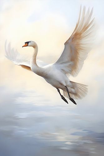 Fliegender Schwan am Wasser