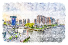 Uitzicht op Rotterdam vanaf de Erasmusbrug (aquarel)
