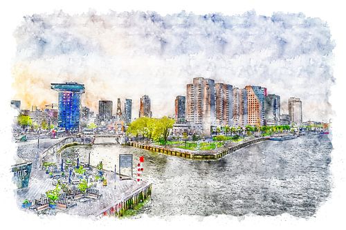 View of Rotterdam from the Erasmus Bridge (watercolour)
