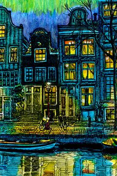 Aquarel Schilderij Groenburgwal Huizen Blauwe uur Amsterdam van Hendrik-Jan Kornelis