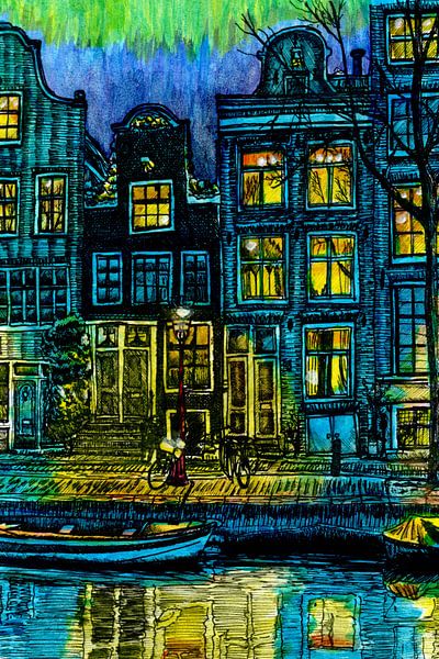 Watercolour Painting Groenburgwal Huizen Blue hour Amsterdam by Hendrik-Jan Kornelis