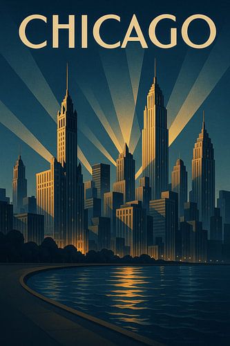 Chicago Nacht Geometrie - Art Deco Skyline Reflectie