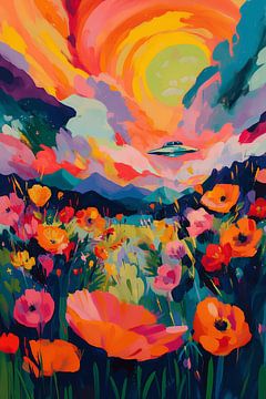 UFO boven kleurrijk bloemenveld van NJ Midnight Studio