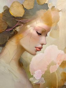 Modernes Porträt einer Frau mit rosa Mohn, Serie verträumtes Gold