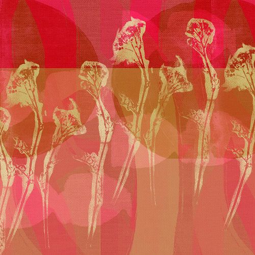 Abstracte botanische kunst in geel, neonroze en bruin.