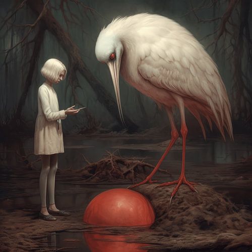 Strange landscape with bird and a girl