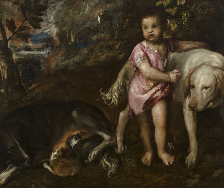Knabe mit Hunden in einer Landschaft, Tizian von Meisterhafte Meister