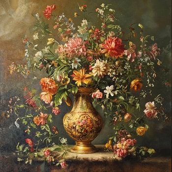 De kortstondige oogst: Een overvloed aan zomerbloemen in een sierlijke vergulde urn