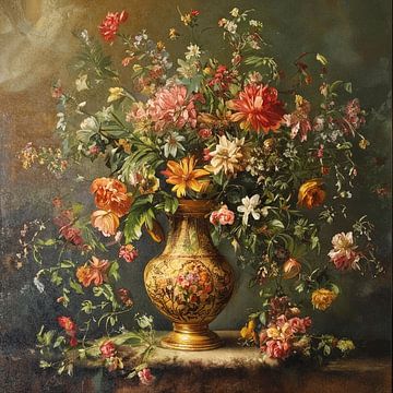 The Ephemeral Harvest: An Abundance of Summer Flora in an Ornate Gilded Urn by Artistic